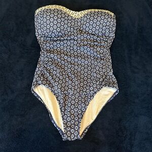 Tommy Bahama Navy Blue White Geometric Tile Bandeau One Piece Swimsuit Womens 8